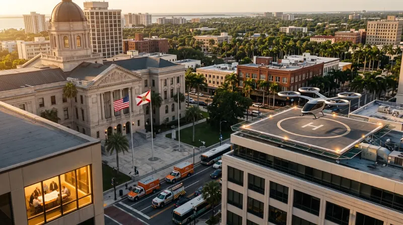 eVTOL aircraft on a rooftop helipad beside a Florida city hall