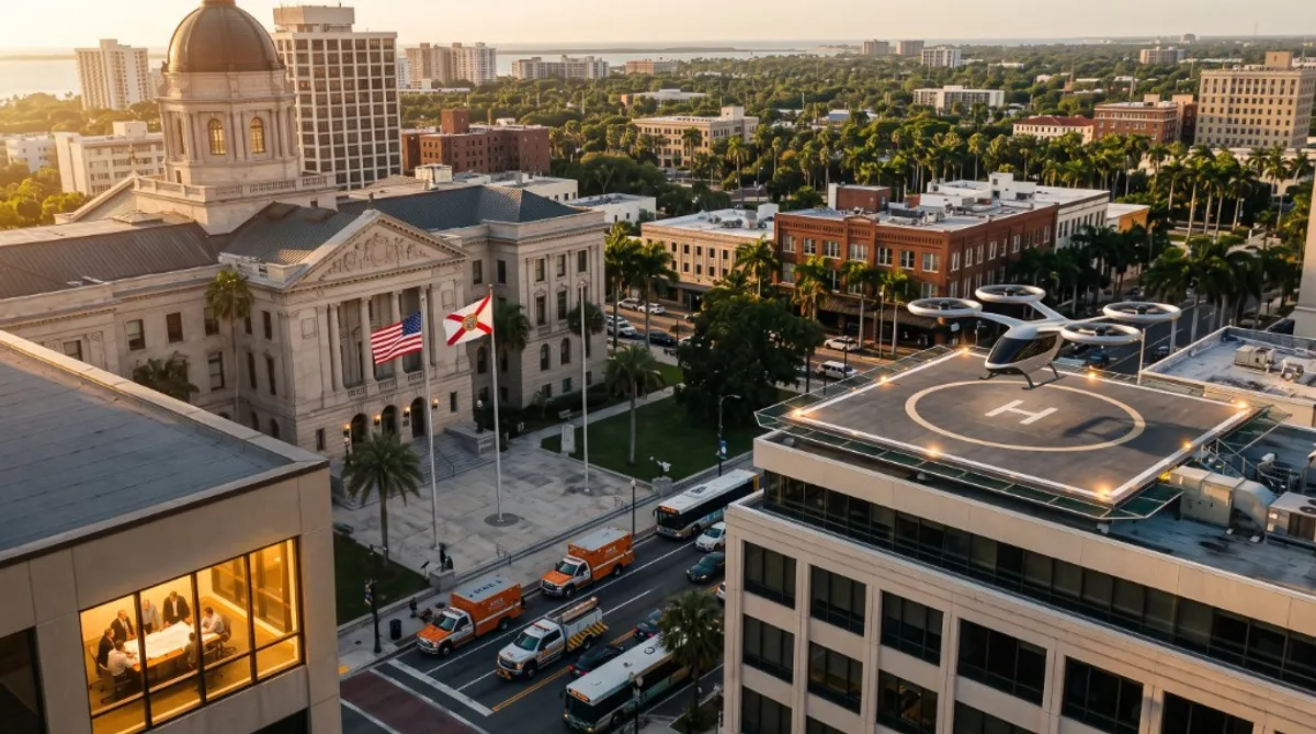 eVTOL aircraft on a rooftop helipad beside a Florida city hall