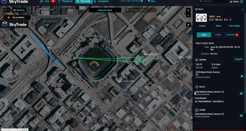 Airspace dashboard showing a live drone flight track over a city