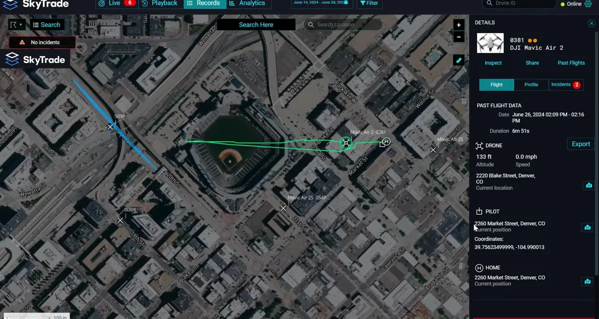 Airspace dashboard showing a drone flight track, altitude, and pilot location near a city stadium