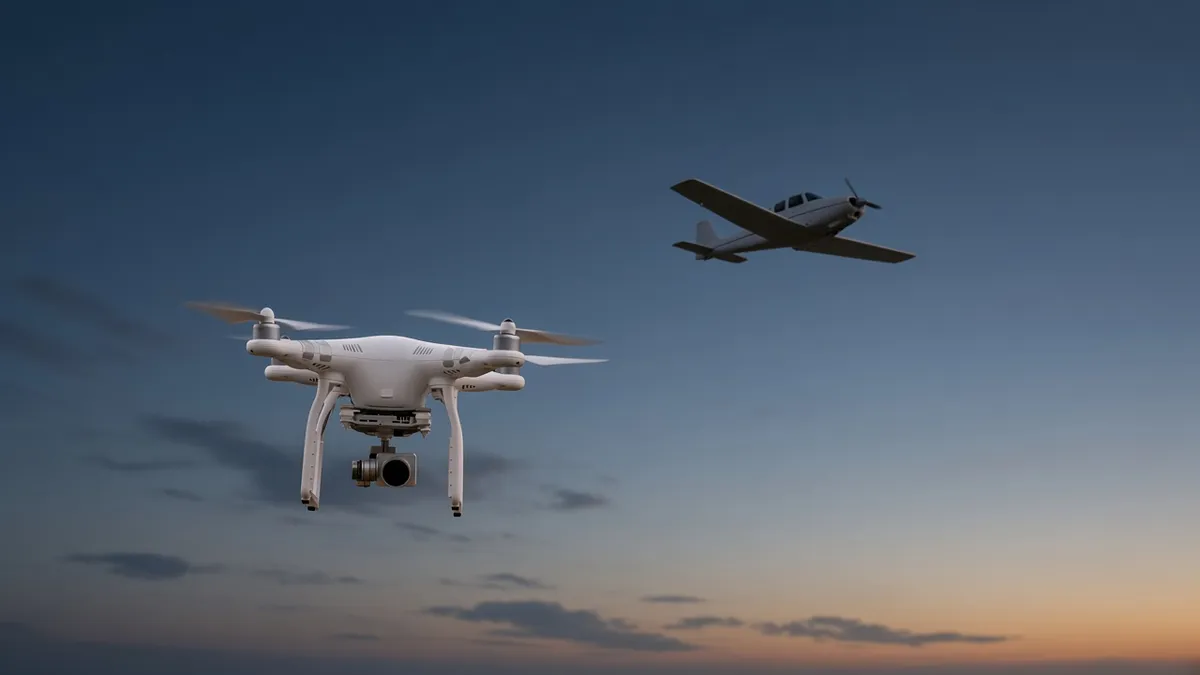 uncrewed aircraft and a light plane sharing the same dusk sky