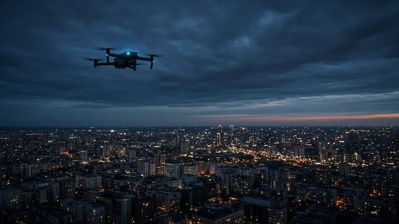 small drone in flight over a city at dusk