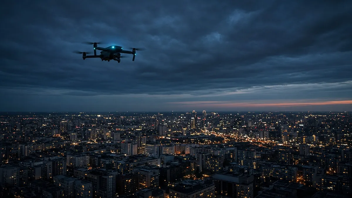 small drone in flight over a city at dusk