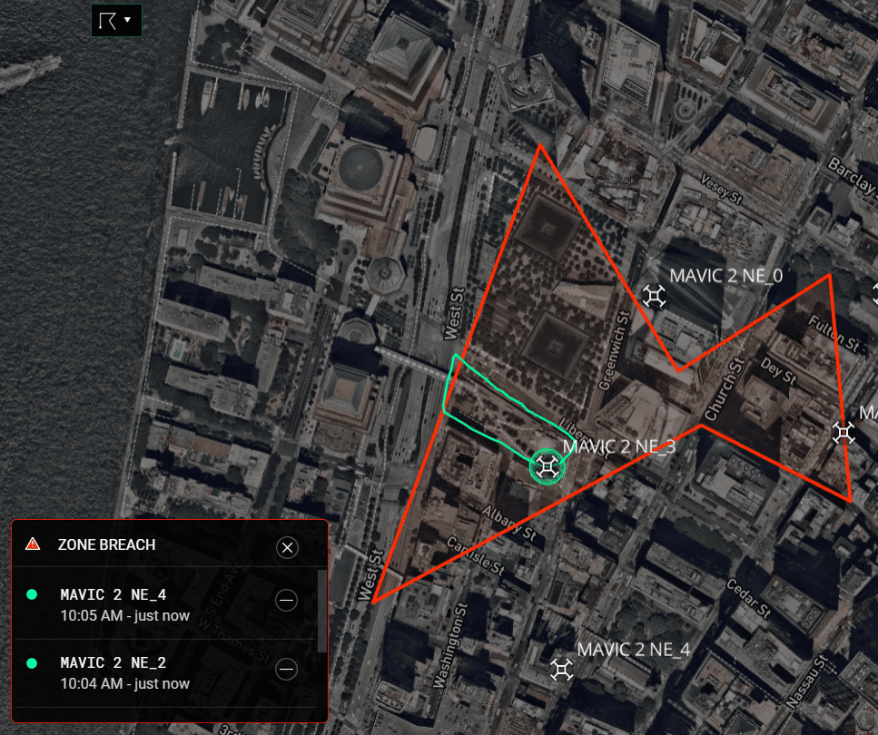 City map showing a geofenced alert zone with a flagged drone zone breach and a live alert list