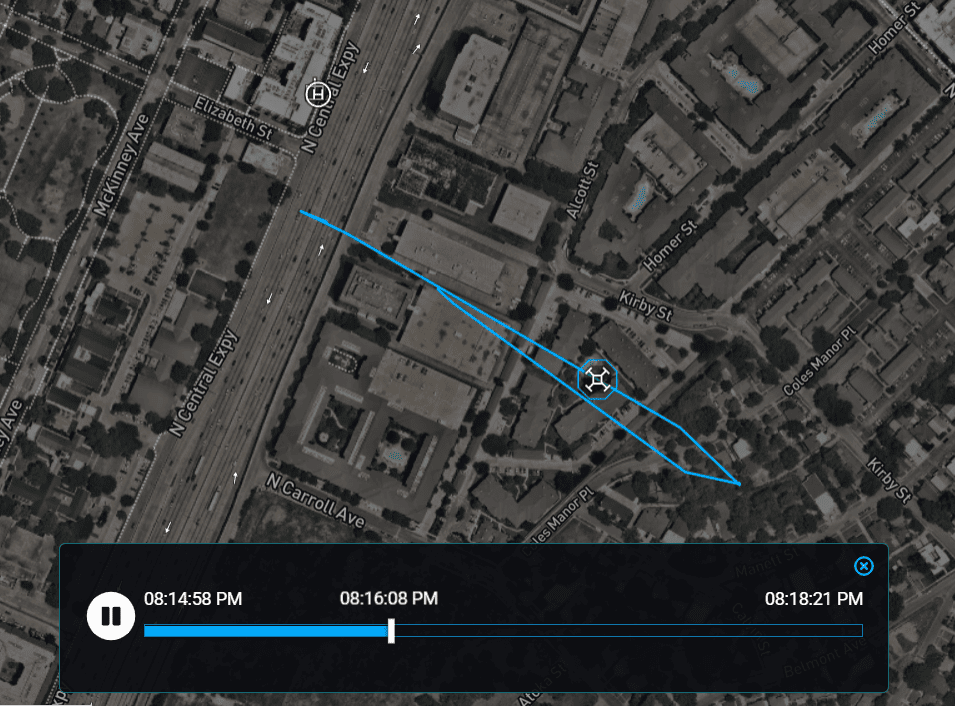 Drone flight path replayed over a city map with a timeline scrubber for incident playback